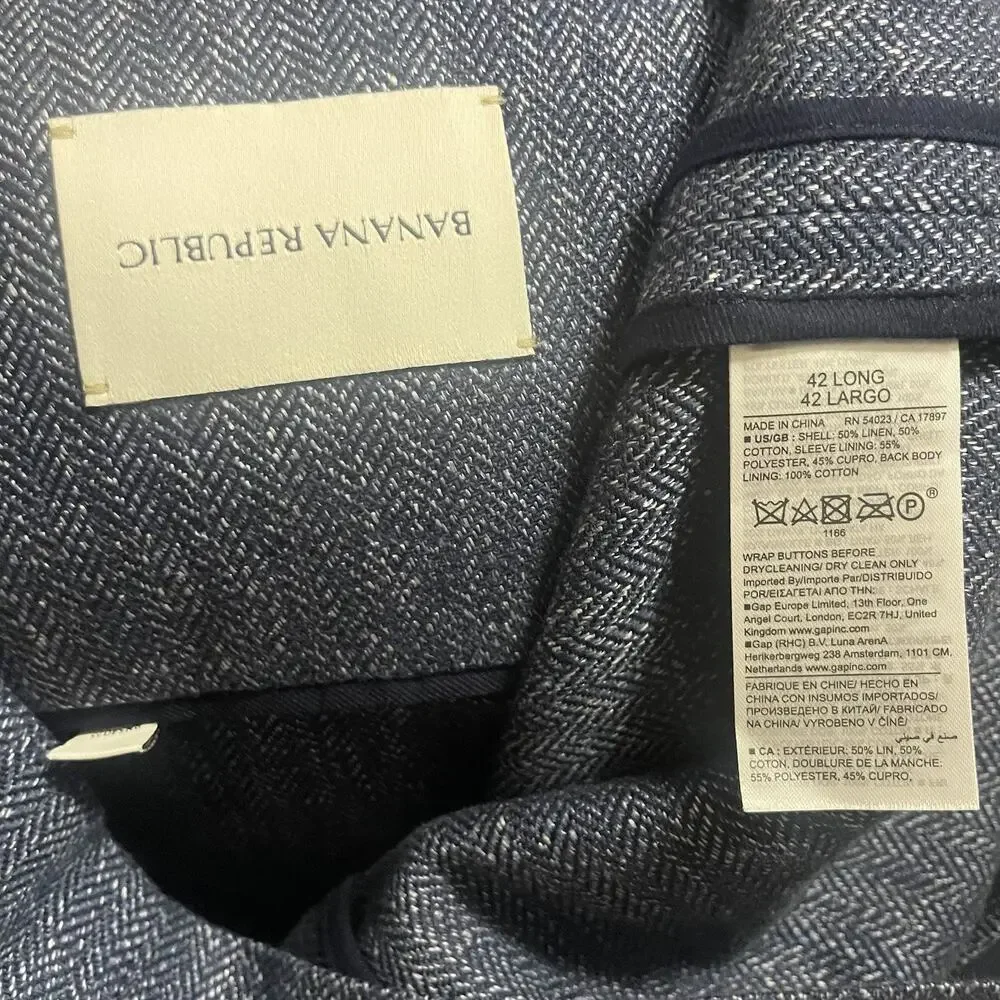NWT Banana Republic Sport Coat Men 42 L Cross Blue Herringbone Linen Cotton $350
